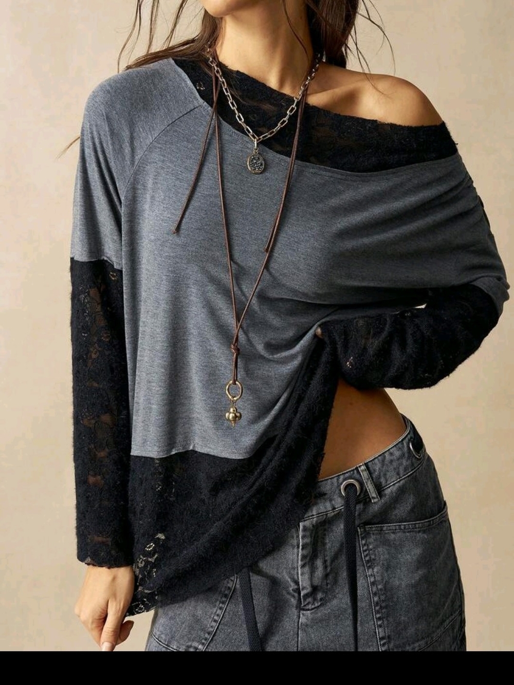 NWOT Off-Shoulder Lace Contrast Long Sleeve Top - Gray & Black